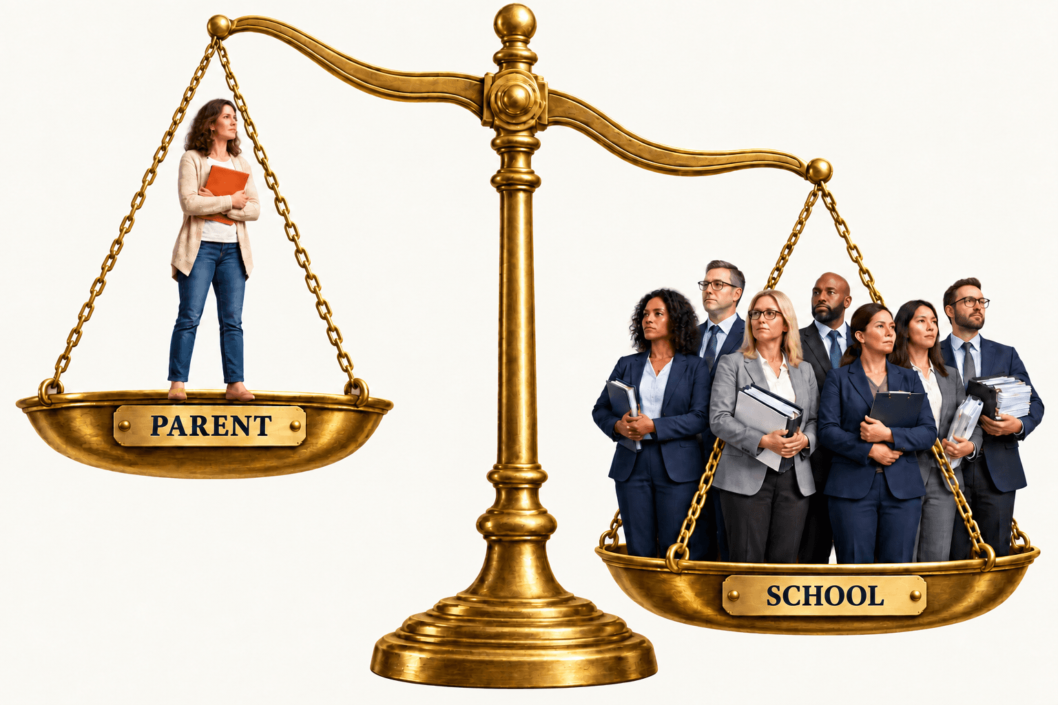 One parent on the raised side of a balance scale, outweighed by a group of school officials on the lower side